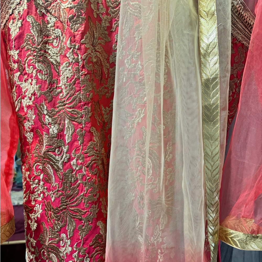 Pink Salmon Net 3 Piece Palazzo Indian Suit